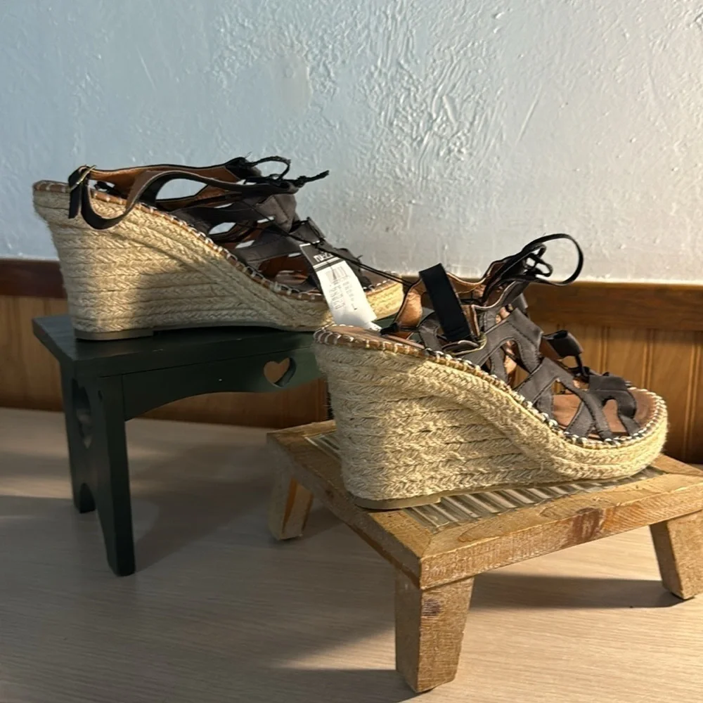 ETC! Black Faux Leather Lace up Cork Wedges